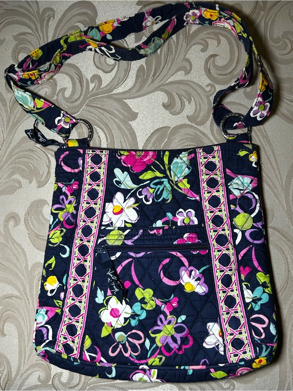 Vera Bradley Hipster Crossbody Retired Ribbons Pattern Floral Navy Pink Green